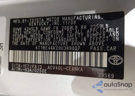 2009 Toyota Camry z USA, uszkodzony, nr VIN 4T1BE46K09U389007